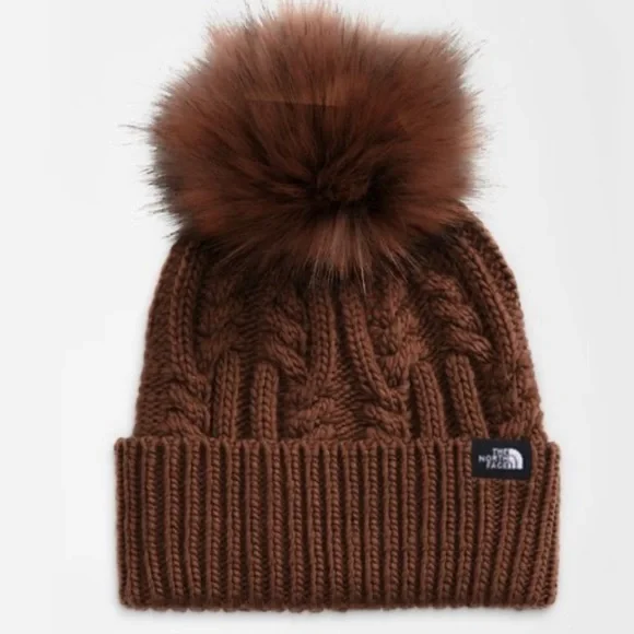 NWT The North Face Women's Oh-Mega Fur Pom Beanie DARK OAK BROWN - Picture 2 of 3